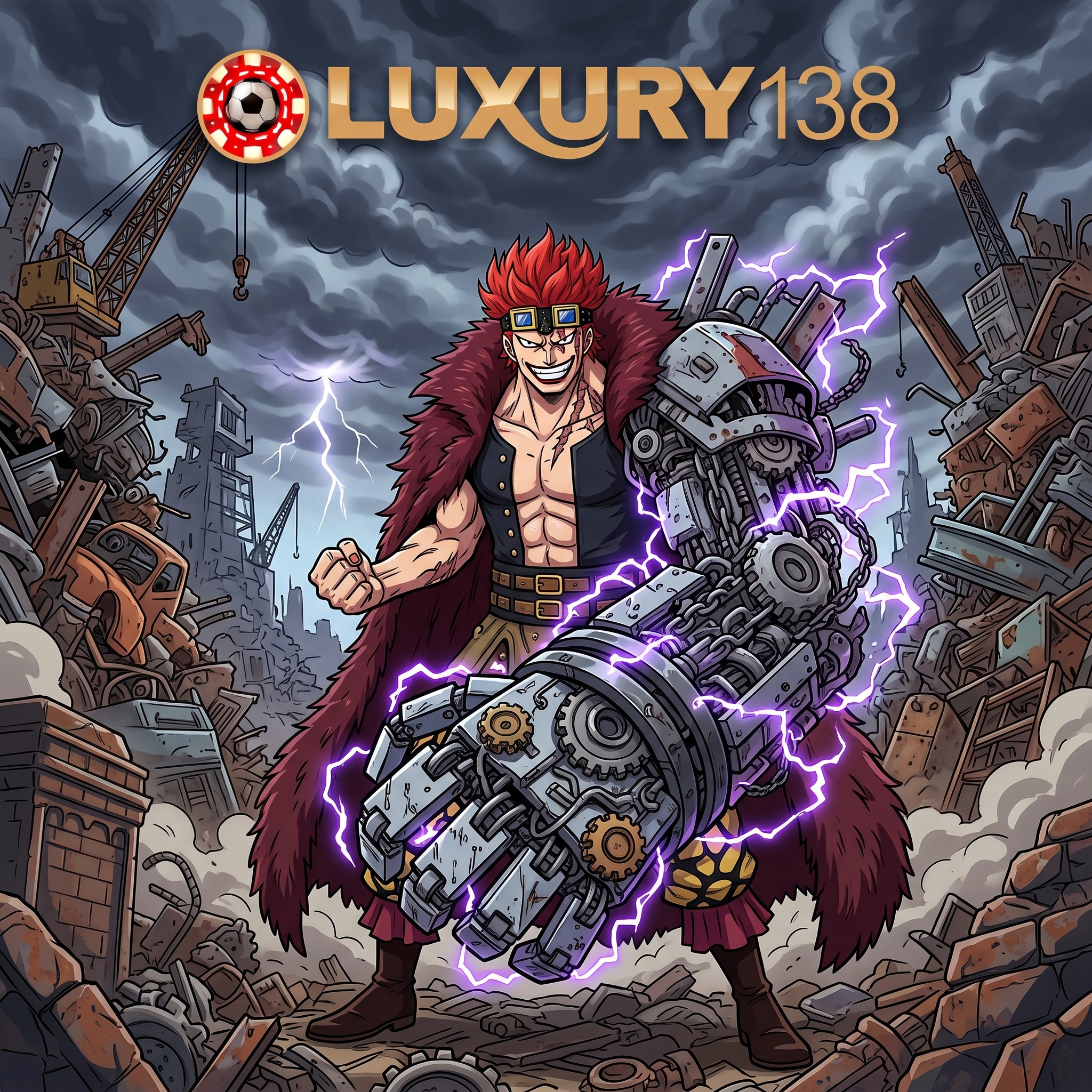 Banner promosi Luxury138 dengan karakter bergaya anime dan lengan mekanis dalam suasana futuristik